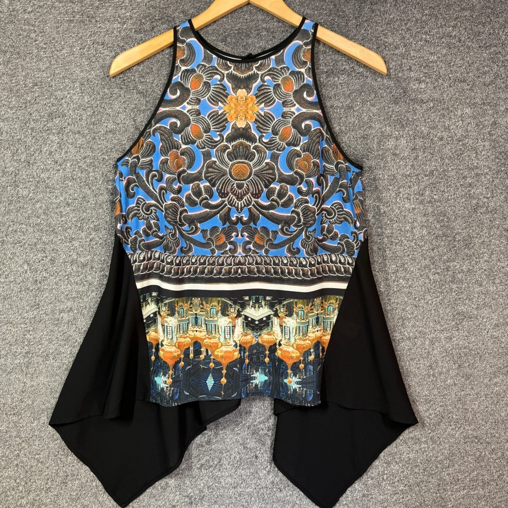 Clover Canyon Top XS Mixed Print Handkerchief Hem Sleeveless Black Blue